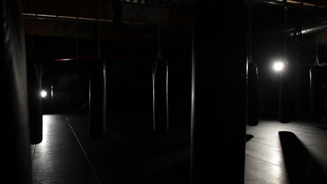 punching bags hanging from the ceiling in a dark gym and after them lights go on and illuminate a ring with a mma fighter ready for a fight towards standing in there