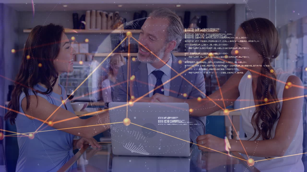 Discussing business, people at table with animation of network connections in office