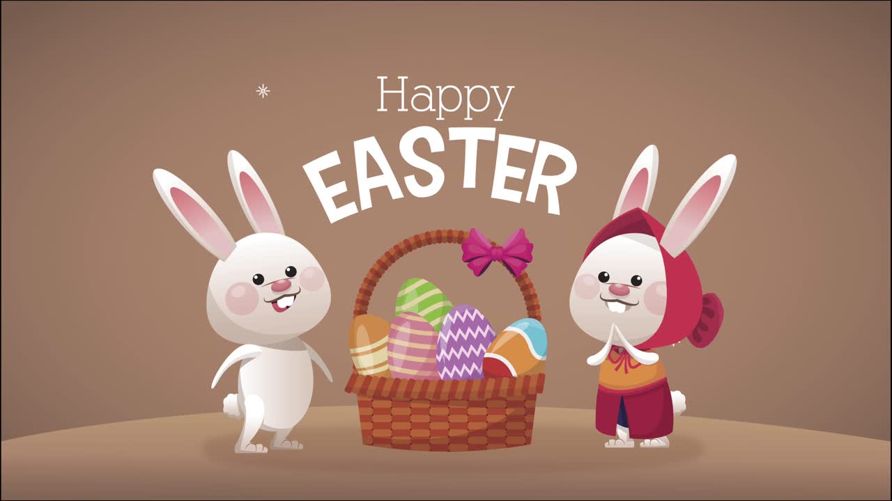 Scritta Buona Pasqua con conigli e uova nel cestino
