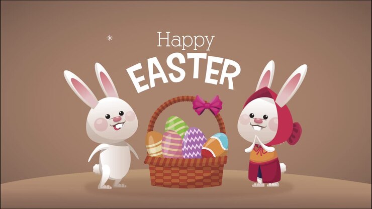 Scritta Buona Pasqua con conigli e uova nel cestino