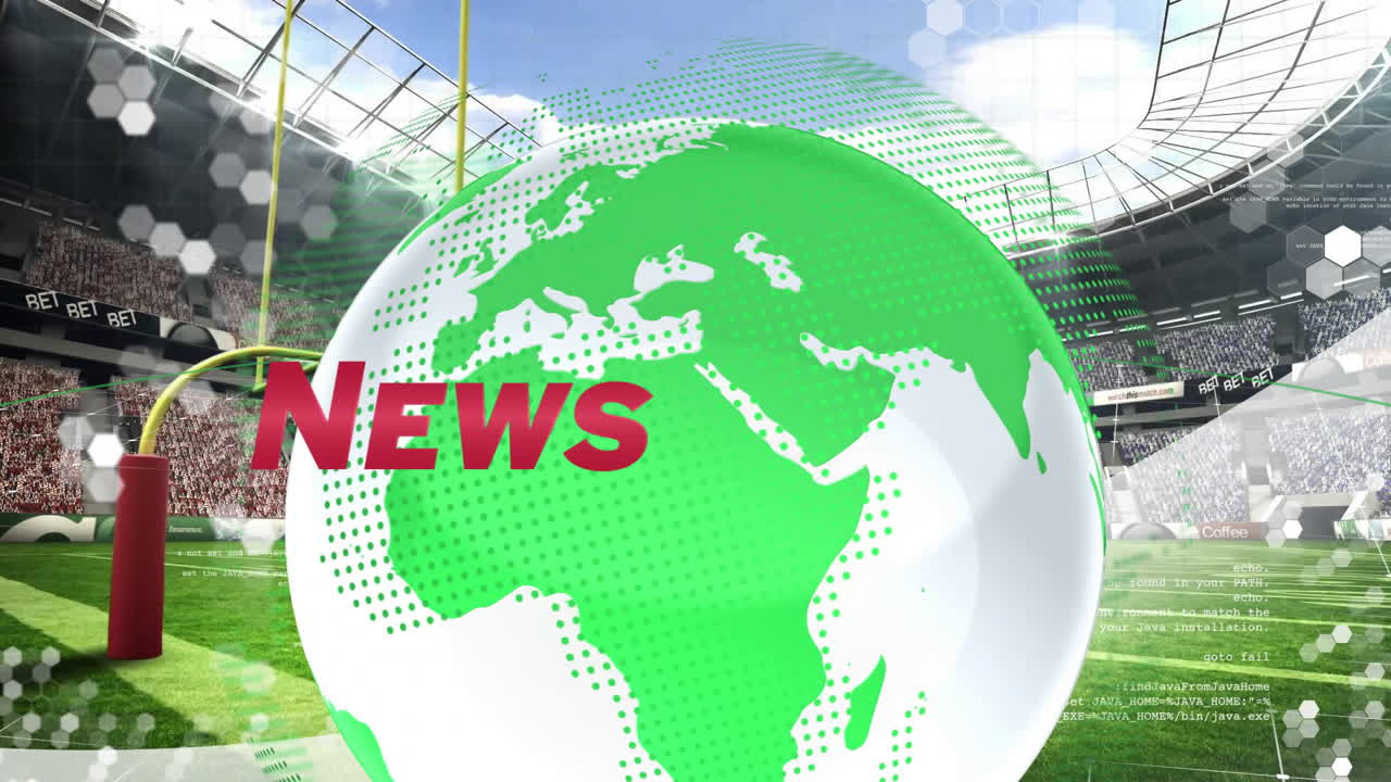 News animation over green globe in stadium background