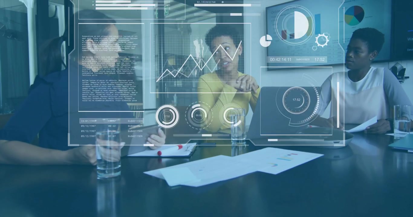 Business team tapping tablet and projecting holographic data panels while discussing sales metrics