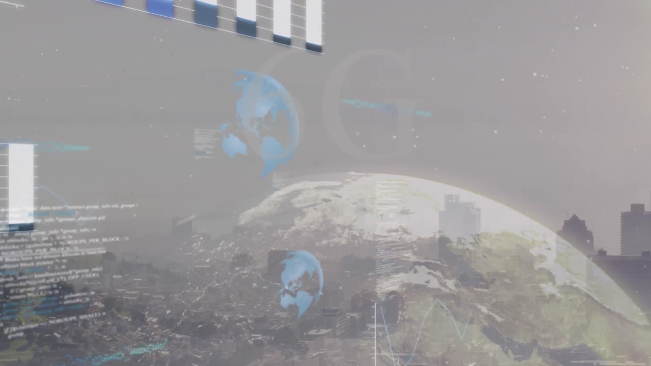 전 세계와 도시 풍경에 대한 금융 데이터 처리 애니메이션