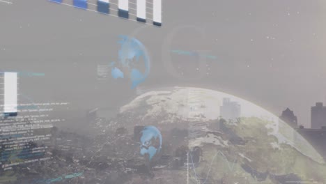 animation of financial data processing over globe and cityscape