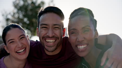 fitness, face and happy with friends for training