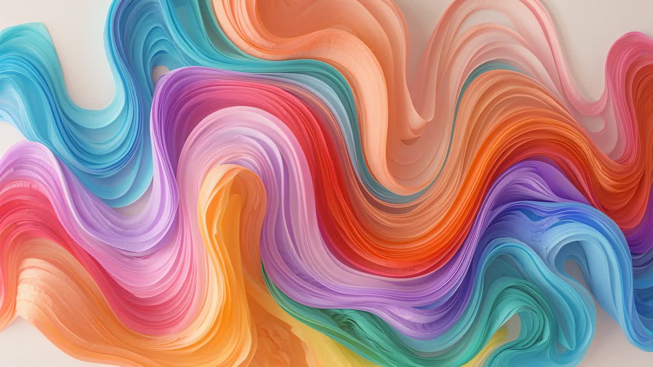Starter afspilning, farverige bånd der morpher og lægger sig hen over beige lærred til gallerivisning.