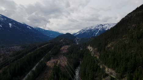 Aerial-drone-shot-of-Soo-River-and-mountains-in-British-Columbia,-Canada
