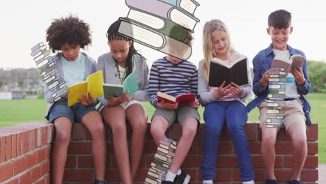 animación de libros y cayendo sobre niños felices leyendo libros