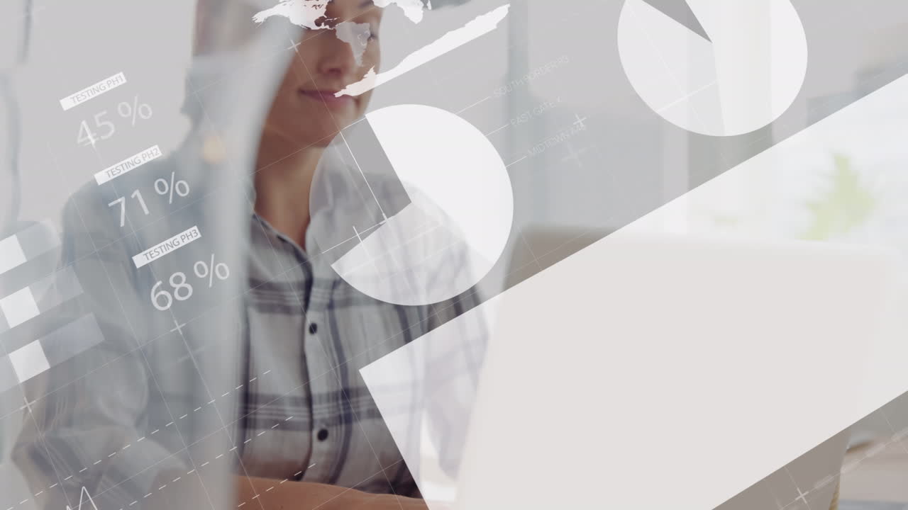 animación del procesamiento de datos estadísticos contra la mujer caucásica que usa computadora portátil en la oficina