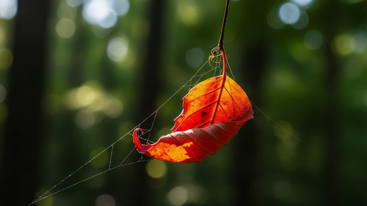 A Captivating Capture of a Vibrant Red Leaf Entangled in Delicate Spider Silk, Bathed in Soft Natural Light Amidst a Lush Green Forest Background