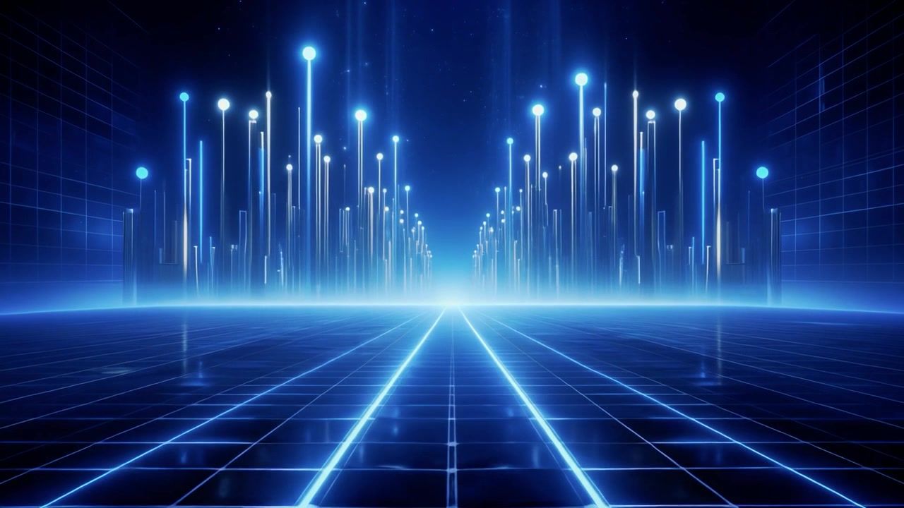 Abstract Digital Grid with Glowing Blue Light Pillars