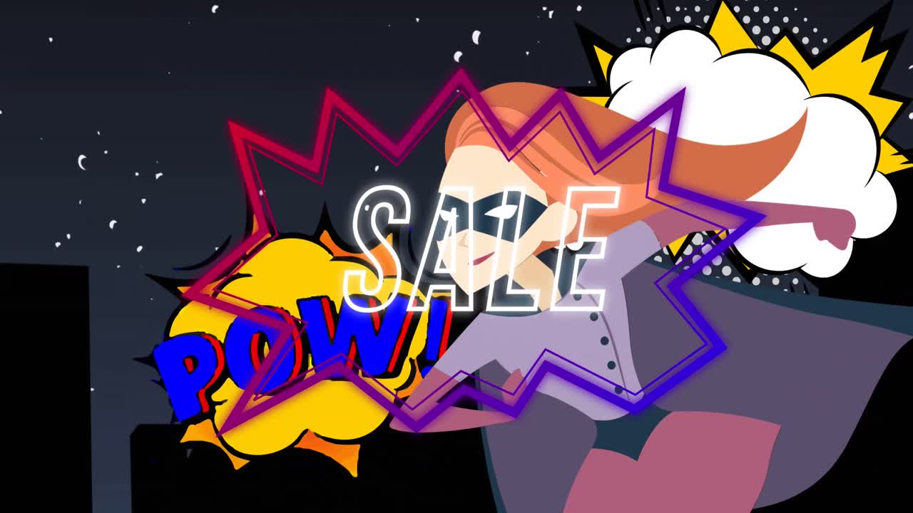 animación de texto de venta en blanco en rosa a púrpura burbuja de habla sobre superhéroe retro