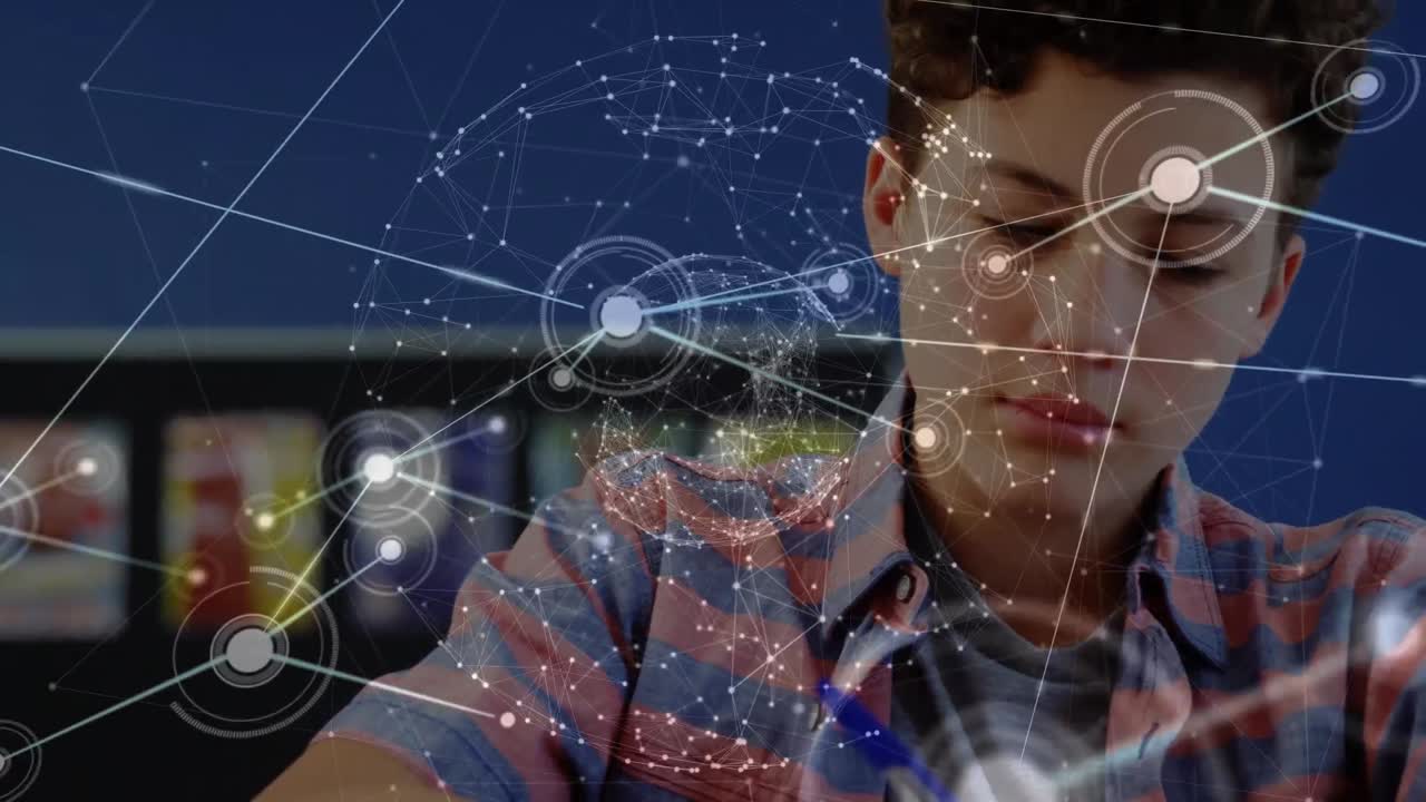 animación de la red de conexiones y el globo sobre estudiante caucásico