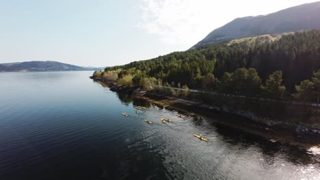 Group-of-friends-in-yellow-kayaks-paddle-majestic-lake-of-Norway,-aerial-view