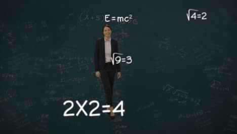 ecuaciones matemáticas flotando contra el retrato de una mujer de negocios sonriendo contra un fondo verde