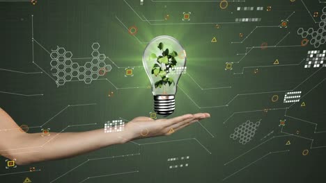 Animation-of-hand-with-light-bulb-and-data-processing-over-dark-background