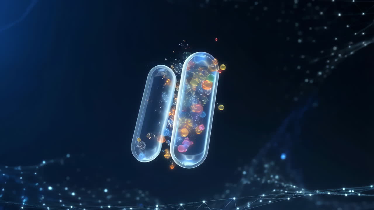 3D Render of Medical or Biological Capsules with Abstract Particles in a Digital Network Environment