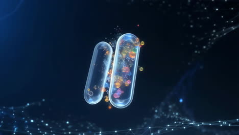 3d render of medical or biological capsules with abstract particles in a digital network environment