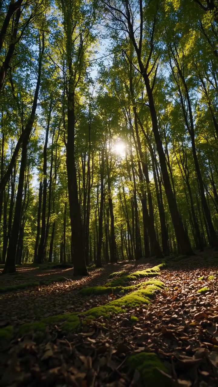 A luz do sol se filtra através das árvores numa floresta exuberante
