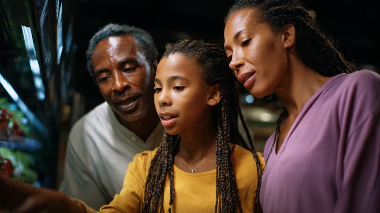 A Family Engaged in a Thoughtful Discussion While Shopping for Fresh Vegetables and Fruits in a Grocery Store, Highlighting Their Connection and Shared Experiences in Everyday Life