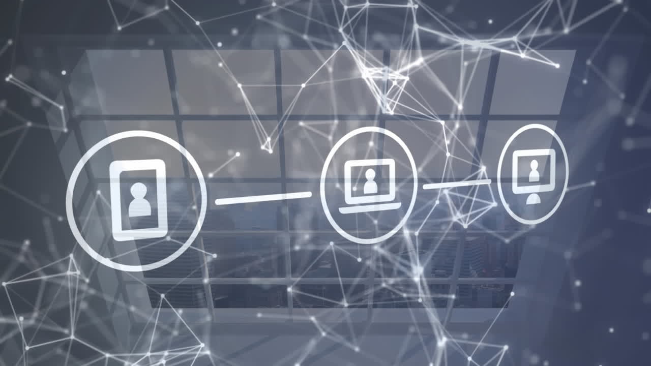 animación de la red de conexiones e íconos digitales frente a la vista del paisaje urbano desde la ventana de la oficina.