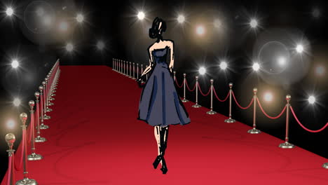 animation of drawing of model on red carpet at fashion show, on black background