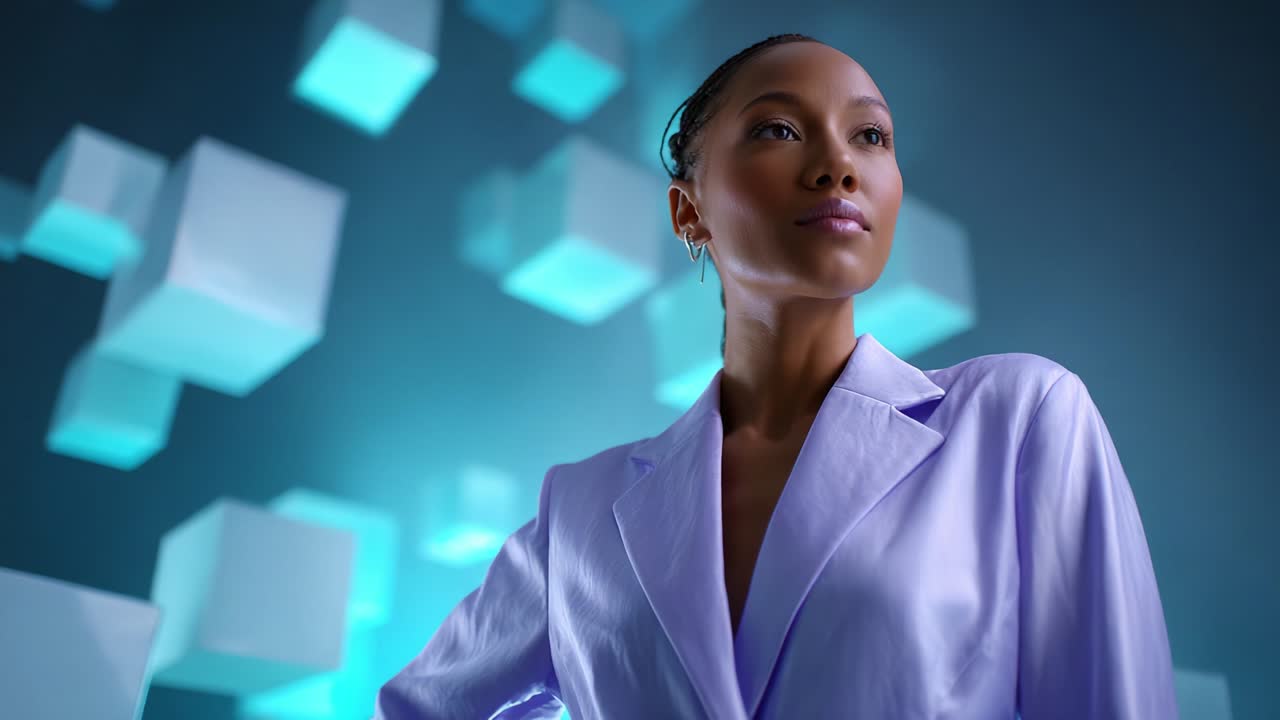 Woman in Purple Jacket with Abstract Cubes