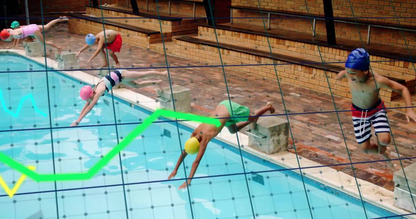 Vídeo vertical: Cinco crianças a postos, em corrida de natação, mergulhando na piscina com linhas de grade traçando os nadadores.