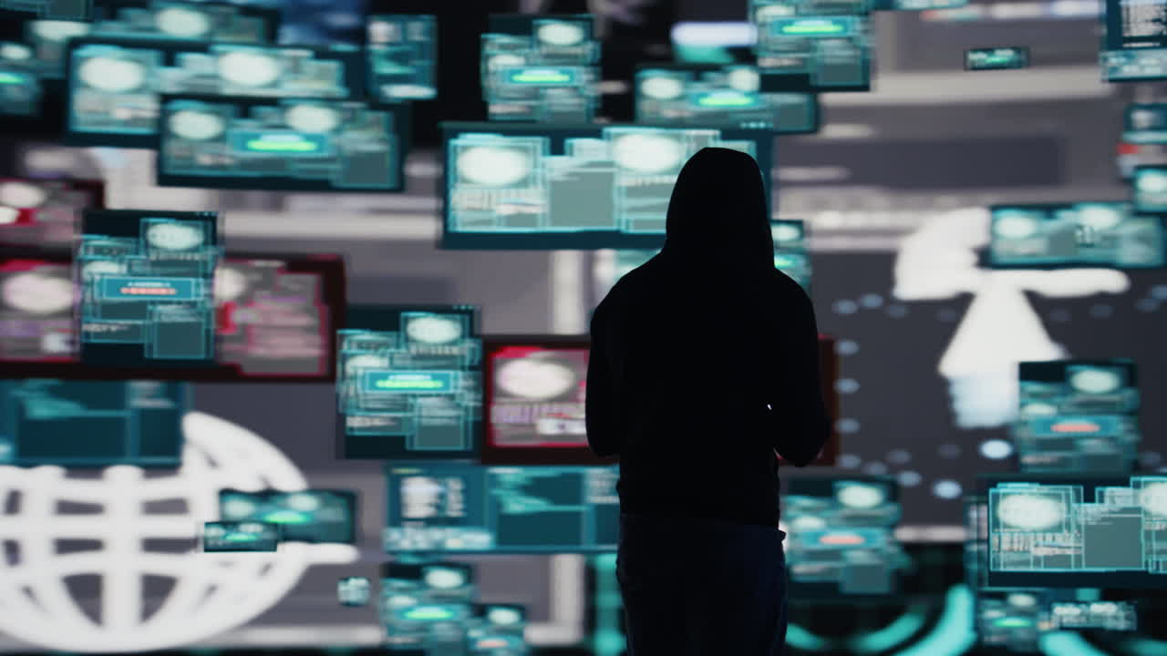 Male hacker breaking into a system in stealth mode by programming code