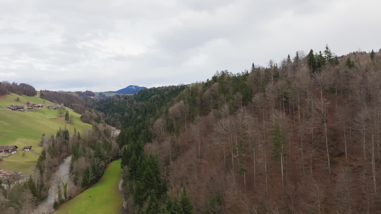 Aerial view of a scenic valley with forest, hills, green fields and small village houses, showing a peaceful rural landscape and natural environment under a cloudy sky