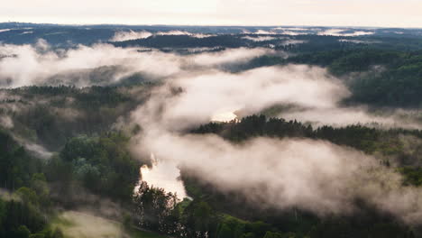 beautiful white mist blanketing the gauja river valley in the rural countryside of sigulda, latvia. awe inspiring nature scenery and landscape shot by an aerial drone.