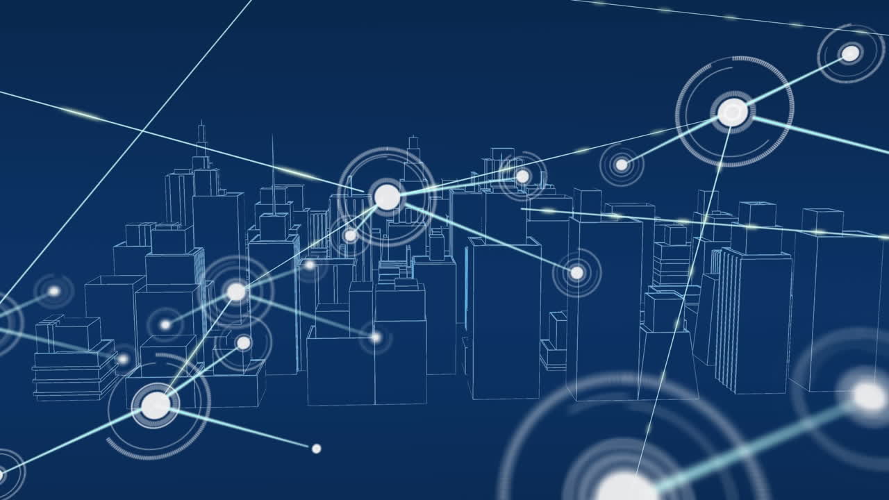 어두운 파란색 배경에 메타버스 도시 풍경에 대한 연결 네트워크의 애니메이션
