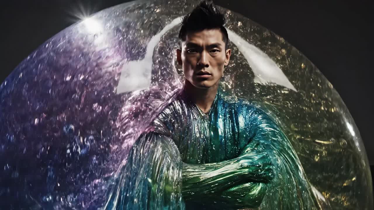 未来的な虹色の液体スーツをまとった男性のポーズ