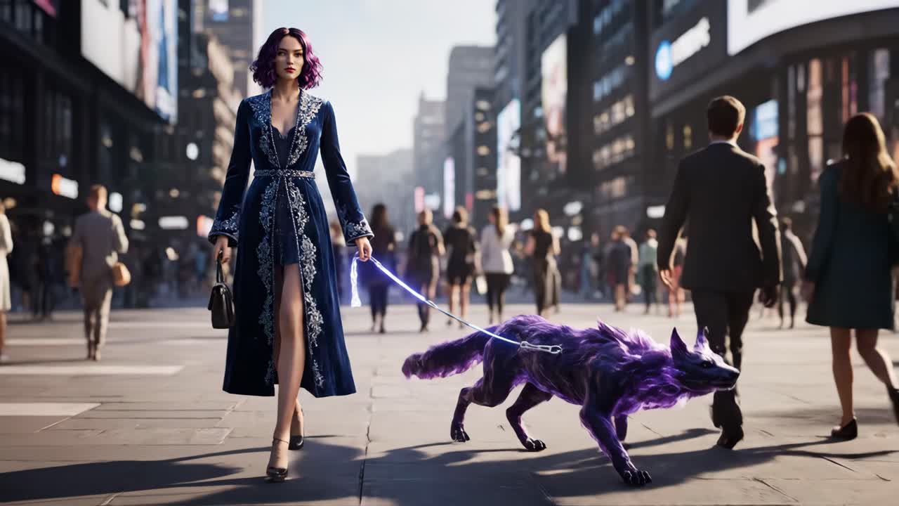 A woman walking a fantasy pet through a city street