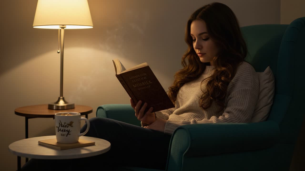 A Cozy Evening: A Young Woman Enjoys Reading a Book While Relaxing in a Comfortable Chair with a Warm Cup of Coffee Under Ambient Lighting