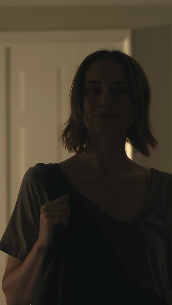 Vertical video: Opening door, woman wearing short tee pausing in home doorway, holding dark bag