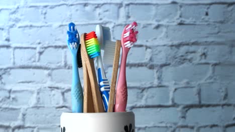 cepillos de dientes coloridos en un soporte