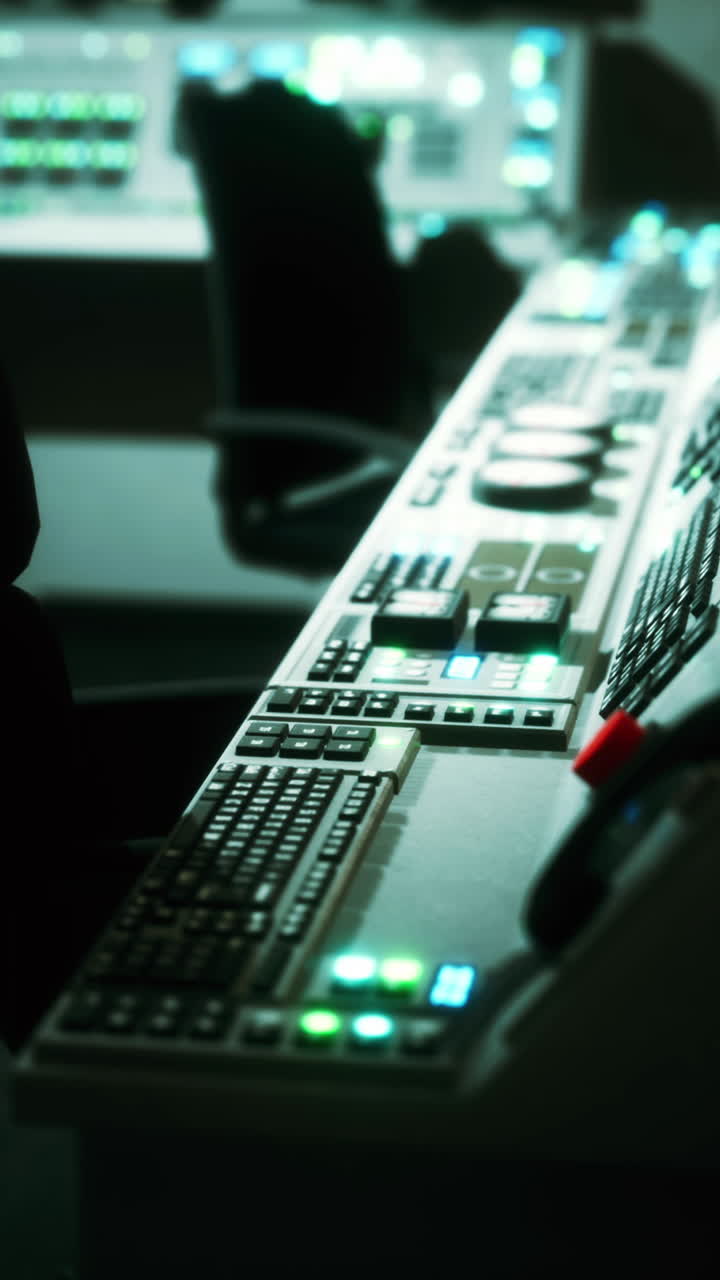 комната управления с столом с кнопками, клавиатурой и монитором