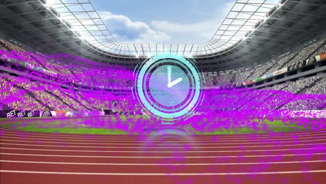digital clock animation over stadium with track and field, vibrant crowd