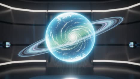 futuristic sci-fi visualization of a planet surrounded by a stunning ring system, capturing the essence of cosmic beauty and interstellar mystery within a sleek environment