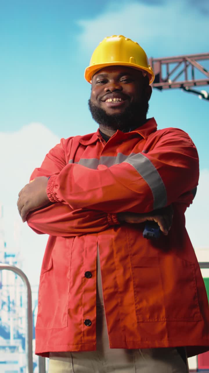 Portrait en format vertical d’un ingénieur souriant sur une barge de forage utilisant un talkie-walkie