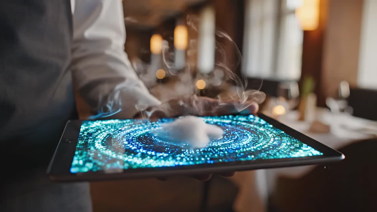 Futuristic Hologram Presentation on Tablet in Restaurant
