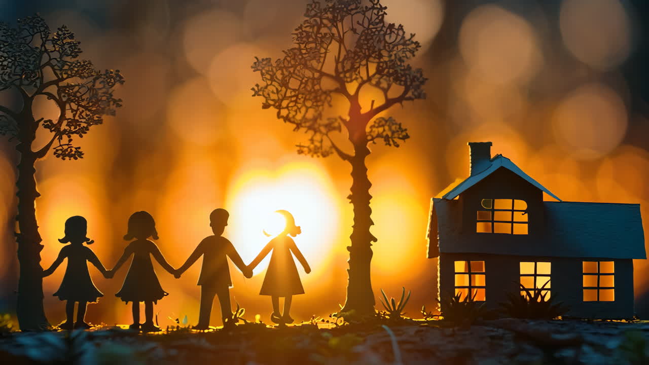 A family of four is holding hands in front of a house. The house is small and has a chimney. The scene is set in a forest with trees in the background. Scene is peaceful and warm