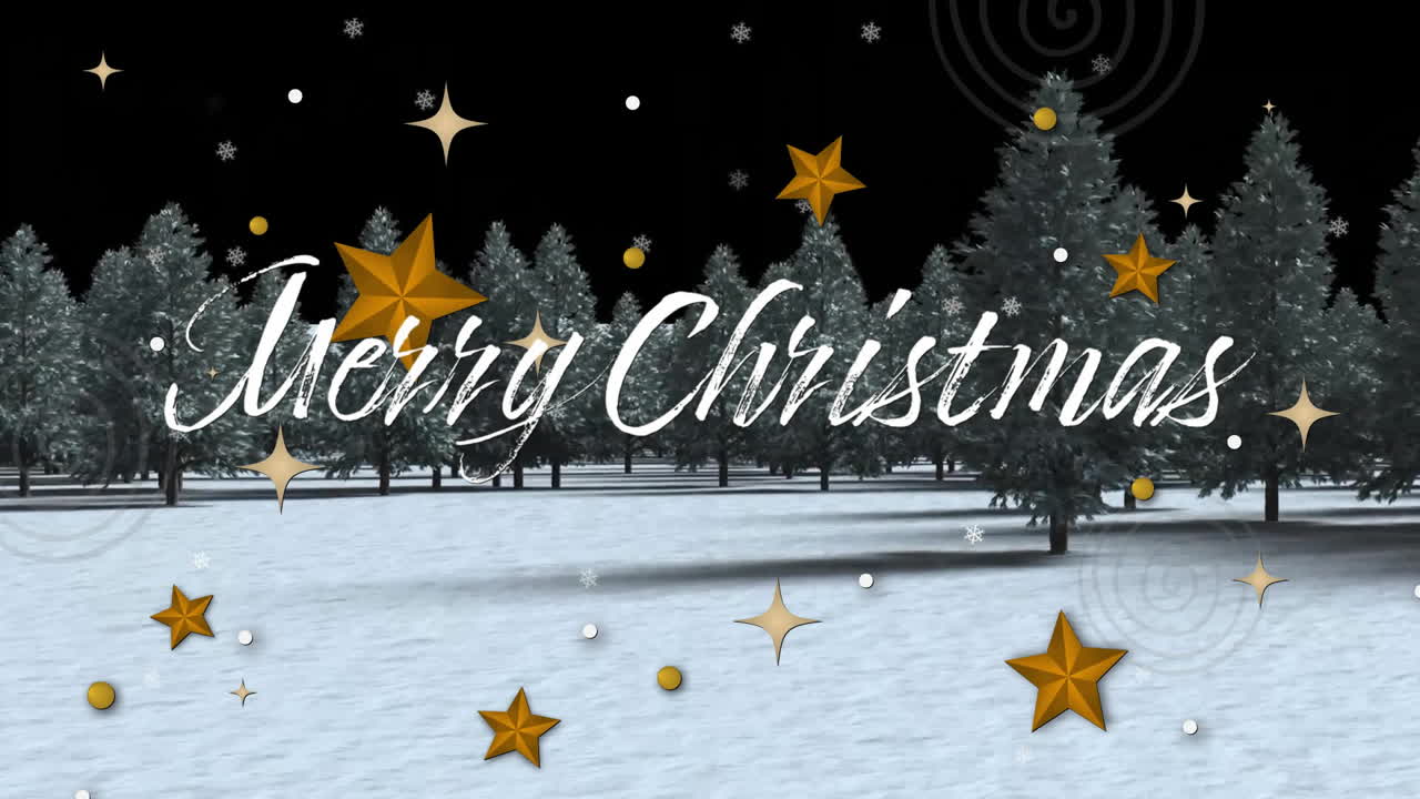 메리 크리스마스 텍스트와 겨울 풍경에 눈이 떨어지는 애니메이션