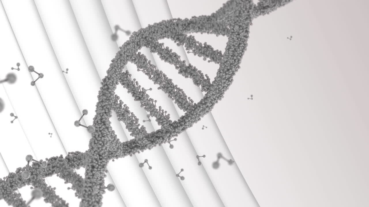 Filamento di DNA a doppia elica 3D rotante e molecole su linee bianche in movimento