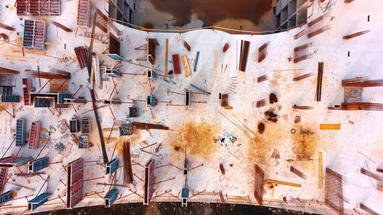 Construction materials on the roof of the high-rise. Modern structure building from drone footage