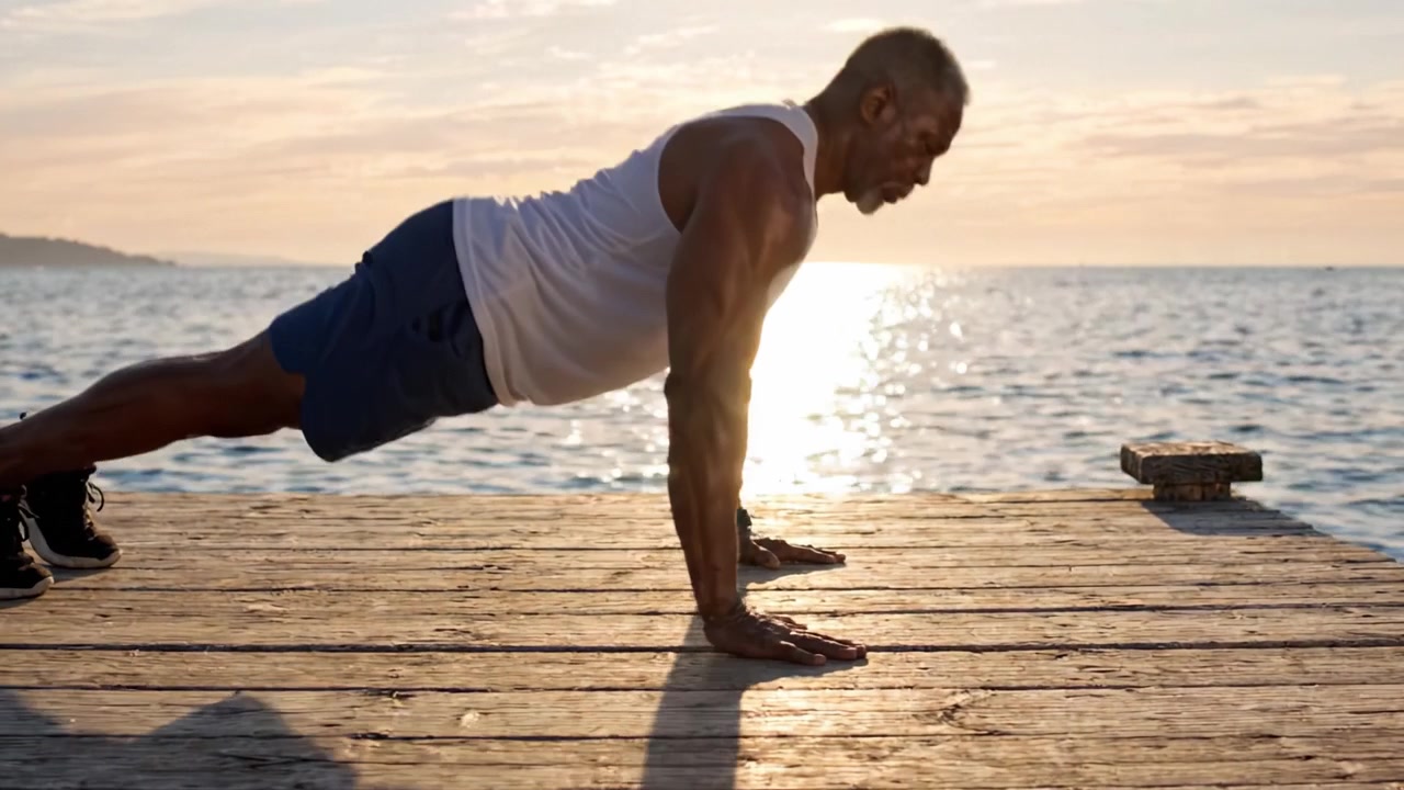 A Dedicated Athlete Performing Push-Ups on a Scenic Pier, Embracing the Morning Sunlight and Ocean Breeze, Showcasing Strength and Focus in a Serene Environment