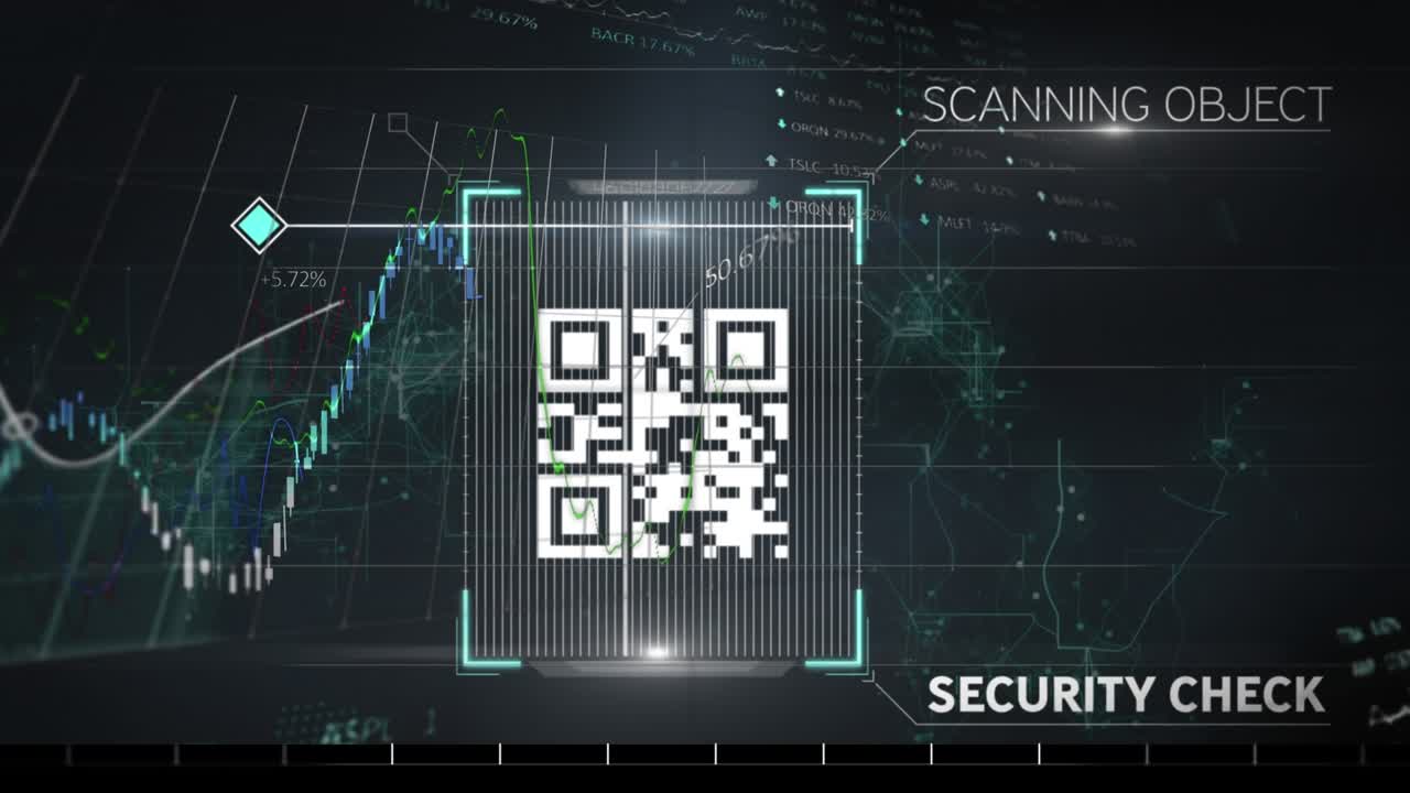 Digital animation showcases a glowing QR code with binary coding on a black background