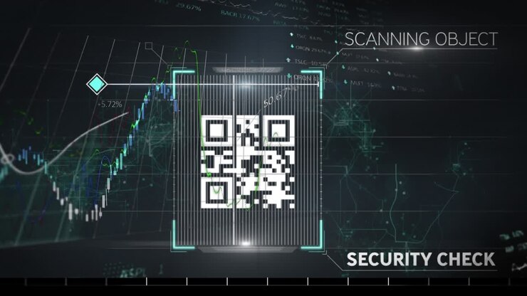 Digital animation showcases a glowing QR code with binary coding on a black background