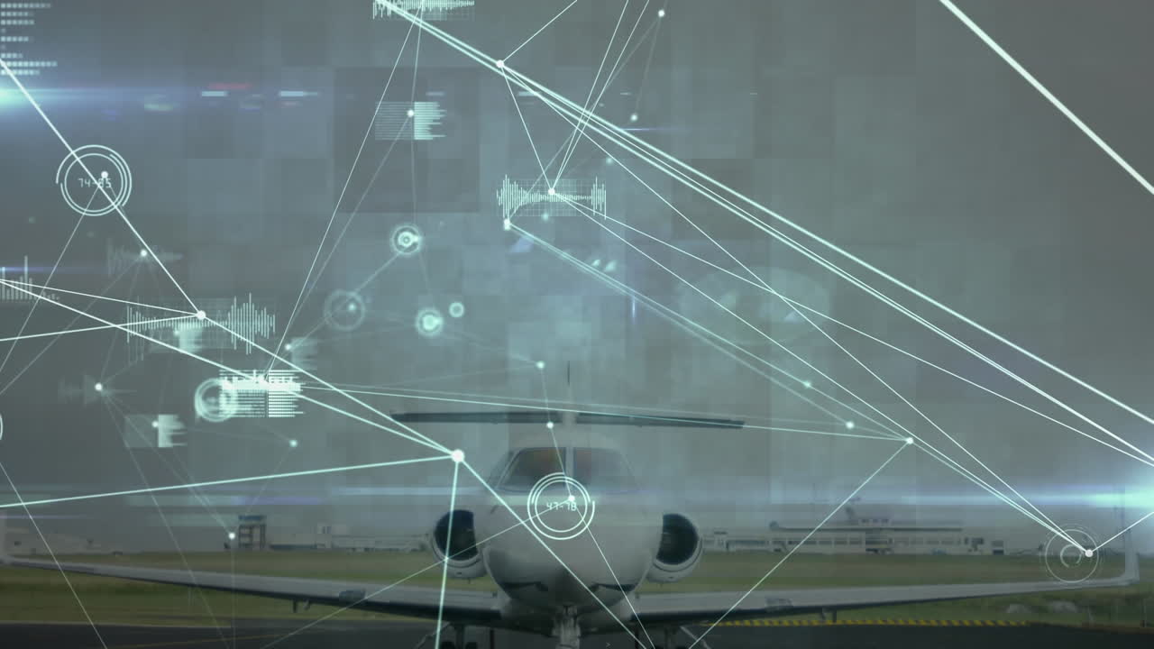 공항에서 비행기 위에서 연결 네트워크와 데이터 처리의 애니메이션
